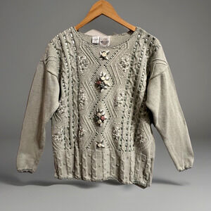 VTG Bentley Cottagecore Boho Floral Embroidered Ribbonwork Cable Knit Sweater L